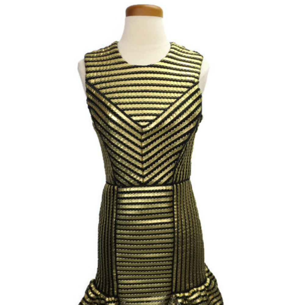 Maje Dress 1 Gold Black Stripes Sleeveless Lined Party Ruffle Statement